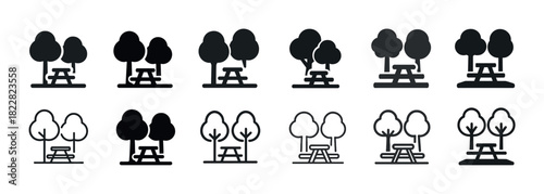 Set of picnic table and trees icons in various styles