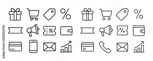 Shopping and marketing icons: gift, cart, tag, wallet, megaphone, chart, mobile, card