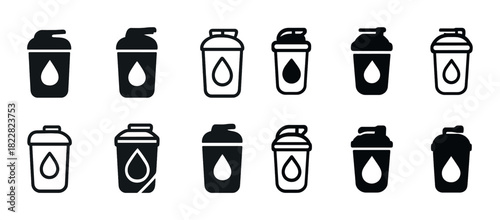 Black and white shaker bottle icons with water droplet design