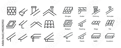 Roof component icons set: shingles, chimney, skylight, and more