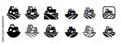Set of tractor and farm equipment icons in various styles
