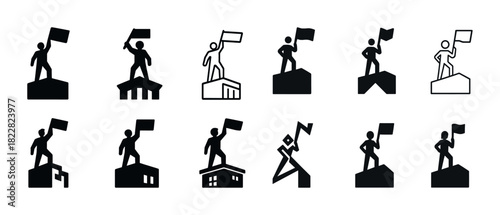 Icons of individuals with flags on buildings