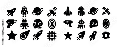 Space icons collection: rockets, astronauts, robots, planets, star