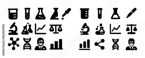 Science icons: beakers, microscopes, dna helix, graphs, molecular structures