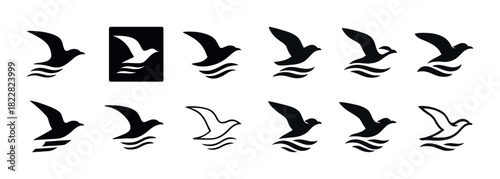 Silhouette bird icons collection with flight and wave motifs