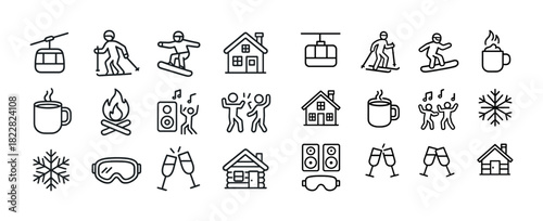 Winter activities icons: skiing, snowboarding, cabin, music, hot drinks, celebrations