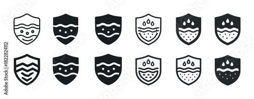 Set of water-resistant shield icons with liquid and droplet designs