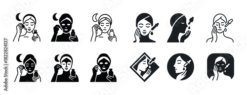 Skin care routine icons: face masks, serums, essential oils application