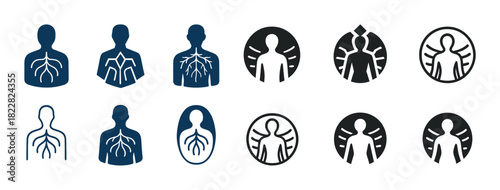 Set of human respiratory system icons in various styles