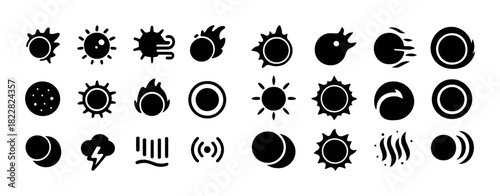 Collection of 25 black weather icons depicting sun, clouds, storms, and atmospheric conditions
