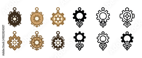 Steampunk gear pendants and mechanical design elements in various colors
