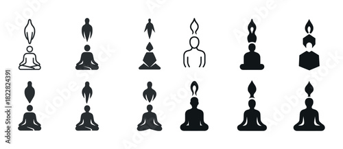 Abstract meditation icons: diverse silhouettes and lotus poses