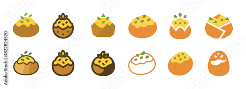 Assorted cartoon potatoes with toppings and garnishes in various styles