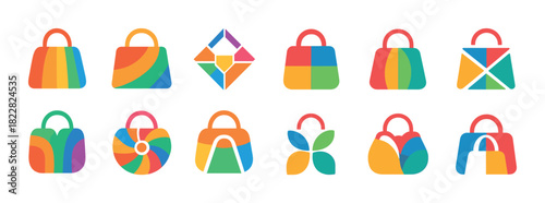 Colorful geometric shopping bag icons on white background