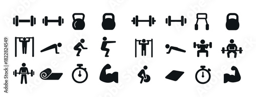 Fitness icon set: weights, kettlebell, exercises, and gym equipment