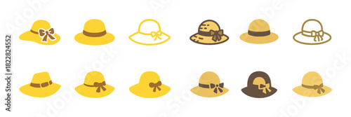 Collection of stylish yellow and brown hats with bows and ribbons