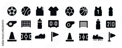 Sports icons: balls, jerseys, whistle, scoreboards, cones, and shoes