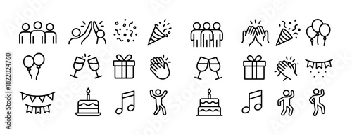Party celebration icons set with balloons, gifts, and music symbols