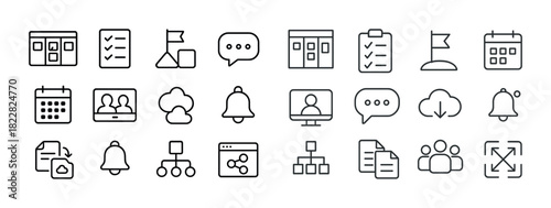 Minimalist line icons set featuring communication, planning, cloud, bell, video conference