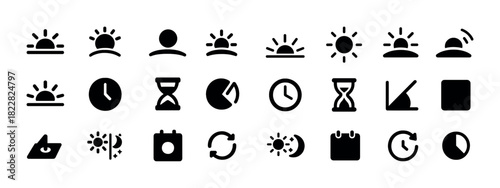 Black icon collection: sunrise, clocks, and calendars representing time and day