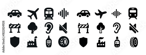 Transportation and sound icon set featuring car, plane, train, and sound waves