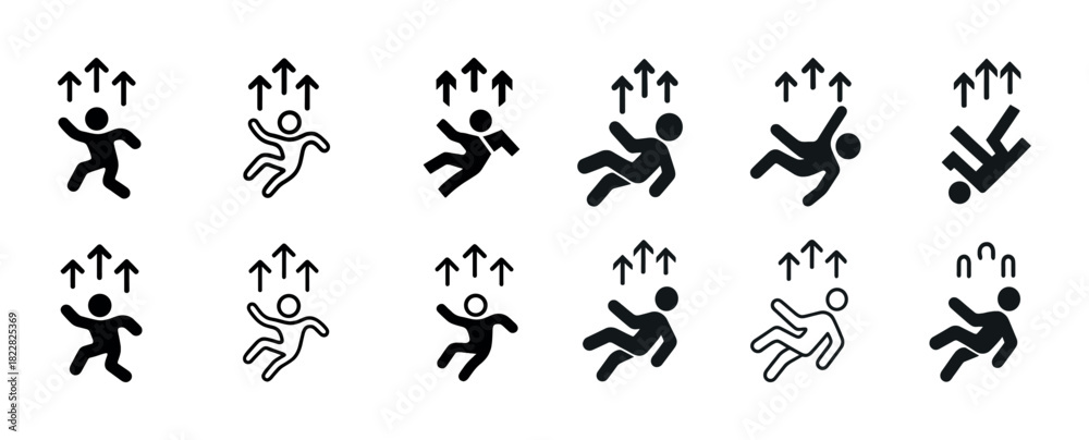 Naklejka premium Human figures floating upwards with arrows in simple black design set