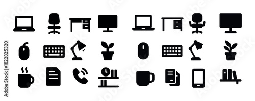 Office equipment icons set: laptops, desks, chairs, monitors, and accessories in black silhouette
