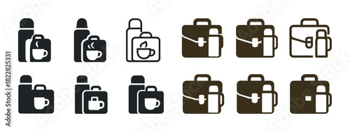 Set of thermos and briefcase icons in black and brown variations
