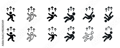 Human figures floating upwards with arrows in simple black design set