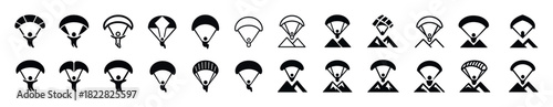 Diverse parachuting icons collection in minimalist black design