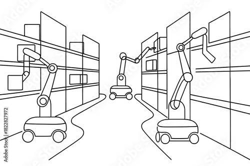 Minimalist Robot Navigation. Collaborative Robots. Minimalistic one-line drawing multiple robots navigating