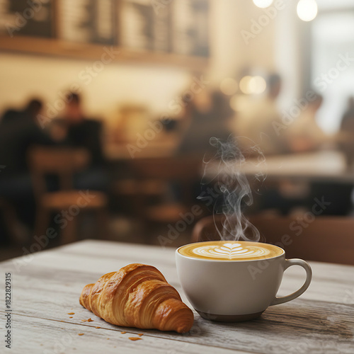 cup of coffee and croissant,Steaming Latte and Croissant in a Cozy Café Setting,Morning Coffee and Pastry with Blurred Background