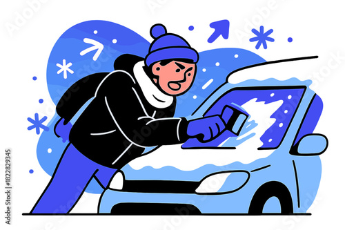 Snowy Morning Car Prep. Snow removal. A person scraping ice from car windows with visible effort and floating