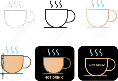 Minimalist vector icons representing hot drinks in cups with steam, suitable for various applications