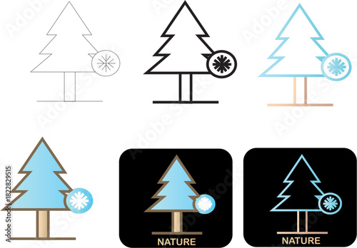 Minimalist Vector Icon Set Pine Tree and Snowflake Illustrations for Seasonal and Nature Themes