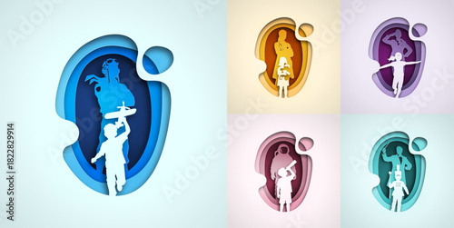 Paper cut style vector illustration set of children dreaming about future professions including pilot and doctor and astronaut and musician