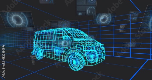 Boot starting system scan cyan van mesh glowing scanning while panels floating camera panning right