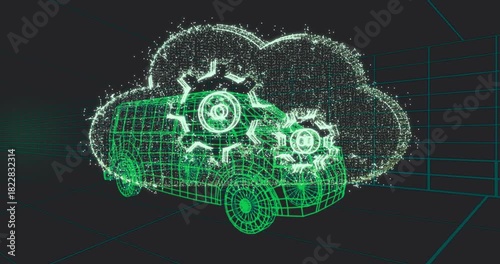 Neon-green wireframe van receiving cyan-white energy strike, forming glowing gear cloud for testing