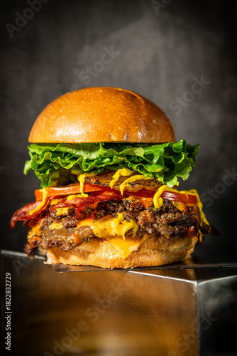 Gourmet Stacked Burger with Bacon, Jalapeos, and Grilled Pineapple
