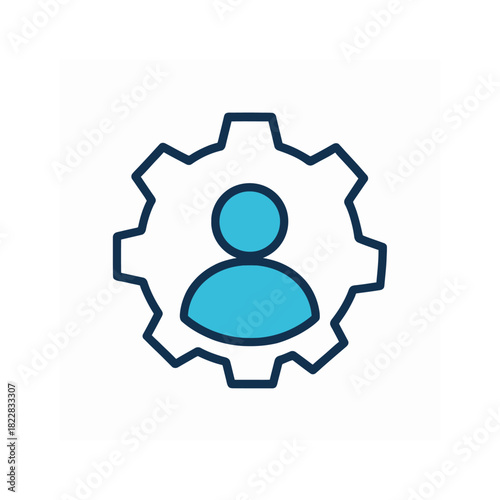 User profile management and account settings icon with person in a gear. Vector