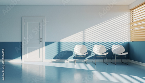 Bright and minimalist waiting room in a modern clinic or office with stark shadows from sunlight creating a calm and quiet atmosphere