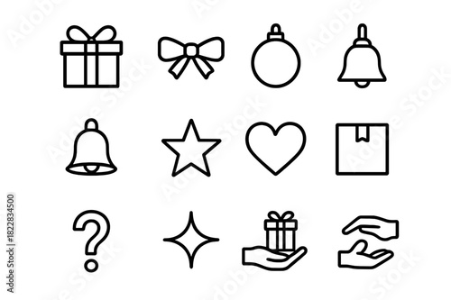 Festive Exchange Icons. Festive Mystery Exchange. Line outline icon set of Festive Mystery Exchange: gift box,