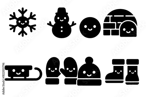 Kawaii Snow Icons. Kawaii snow world. Filled icon set of kawaii snow world: kawaii snowflake, kawaii snowman,