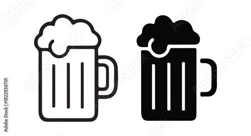 Beer mug illustration with foam in black and white outline style