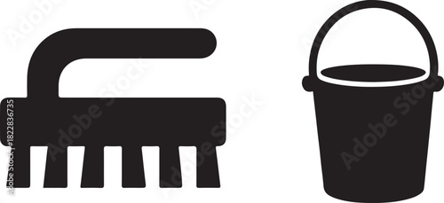 Cleaning brush and bucket vector icon for hygiene concept art