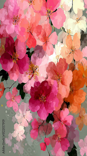 Impressionist Digital Painting of a Dense Bouquet of Pink, Red, and Orange Flowers