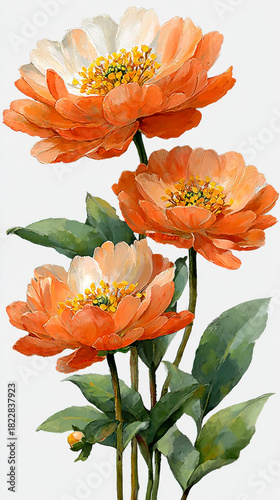 Vibrant Oil Painting of Three Orange Peonies or Ranunculus Flowers on a White Background