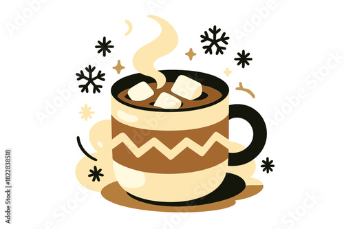 Cozy Winter Treat. Sweet winter drink. Hot chocolate with floating marshmallows in a festive mug, steam rising