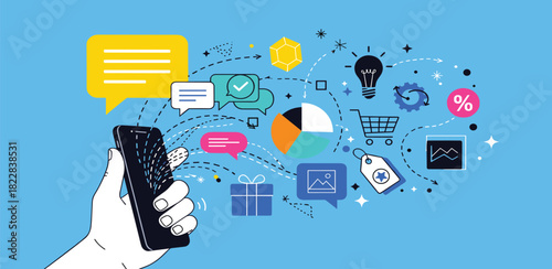 Mobile phone icons and symbols representing online shopping, communication, ideas, and data analysis on a blue background