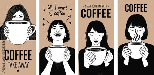 A series of black and white illustrations featuring different women enjoying large cups of coffee, emphasizing daily rituals and the comforting pleasure of the drink